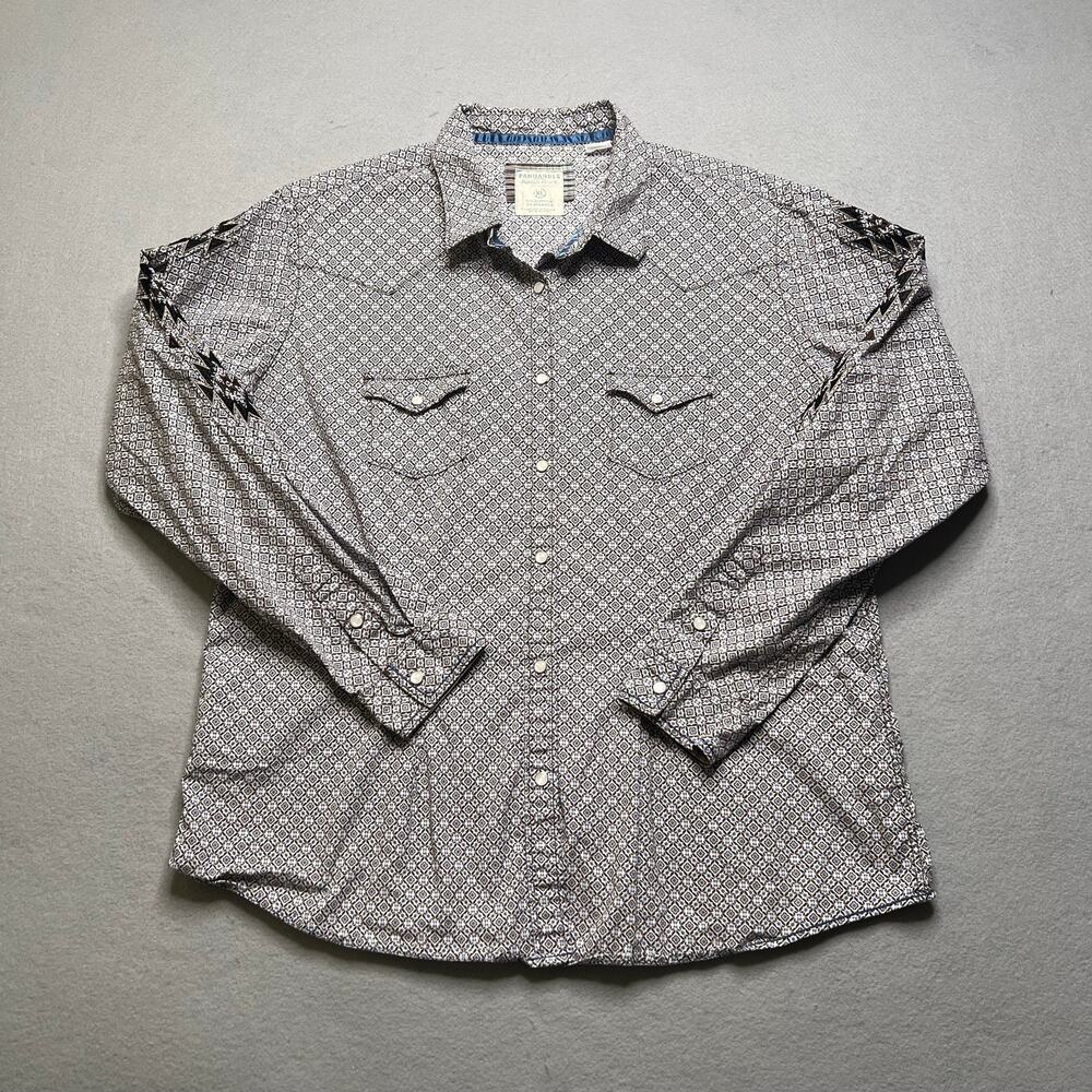 Panhandle Rough Stock Western Aztec Shirt‎ Men's XL Blue Geometric Snap Pearl